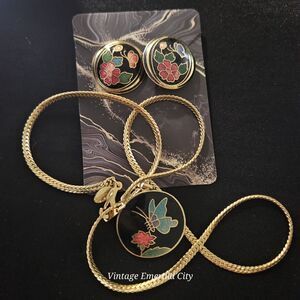 Vintage Cloisonne Multi-Color Butterfly Pendant Necklace & Pierced Earrings Set